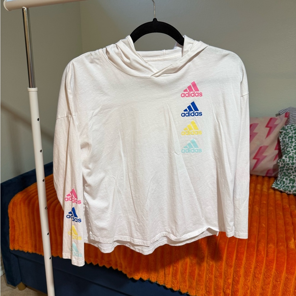 Adidas Kids White Hoodie with Multicolor Logo
